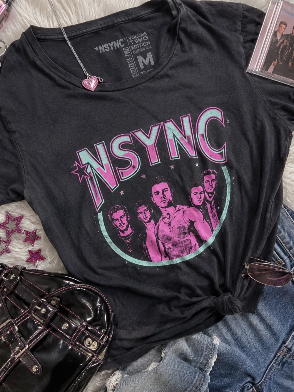 NSYNC Black Short Sleeve Graphic Tee - Pink & Teal Band Design